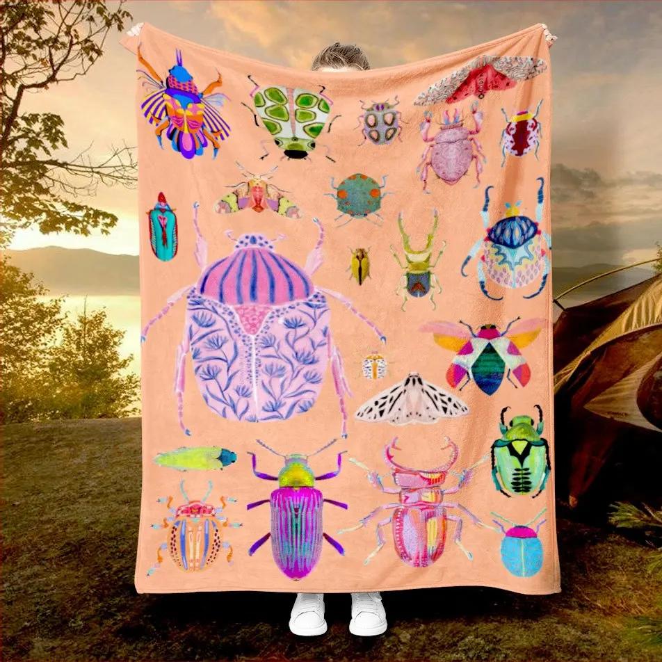

Colorful Insect Pattern Blanket Artistic Beetle Design Soft Fleece Throw Nature Theme Home Decor Gift Idea Boho Style Bedding 70x100CM