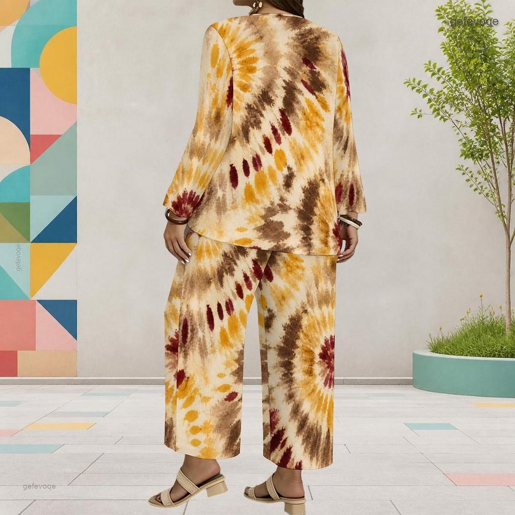 Women Plus Size Round Neck Long Sleeve Printed Layered Top Wide Leg Cropped Pants Two Piece Set