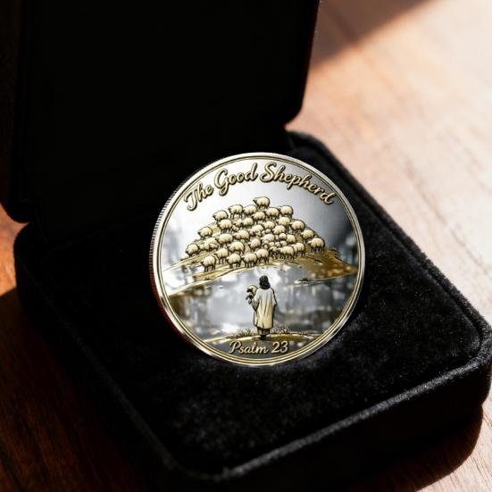 Thou Art with Me Faith Commemorative Coin Jesus The Good Shepherd Protecting Lamb from Wolves Pocket Token Psalm 23:4 Faith Challenge Coin Religious
