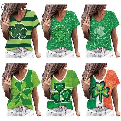 Women Lucky Shirt V Neck Tshirt St'patrick's Day Tops Green Outfit Holiday Streetwear Spring Summer Tees Female Clothing