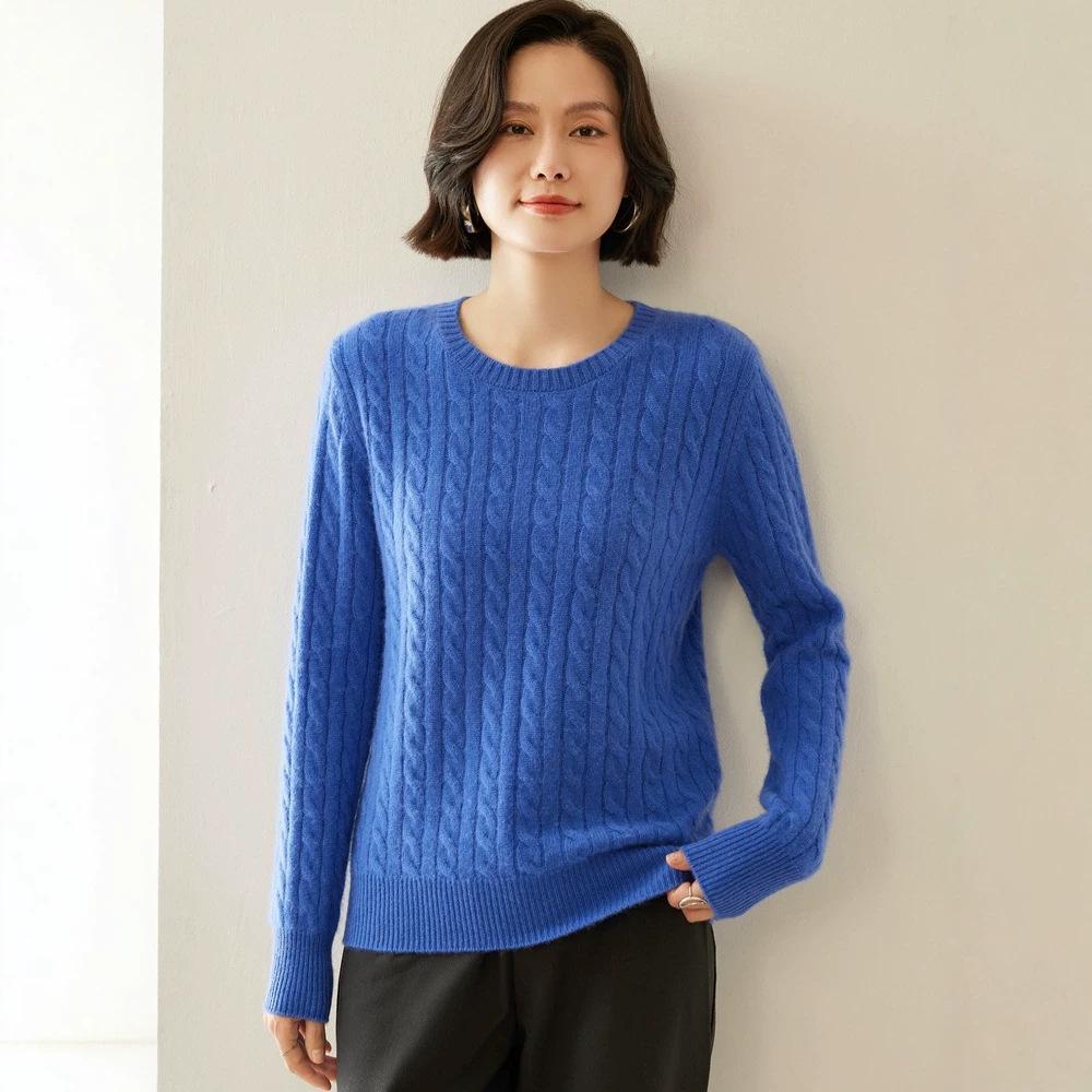 Women's Retro Cable Knit Cashmere Pullover Sweater, Round Neck, Slim-Fit, Autumn/Winter 2024 Collection