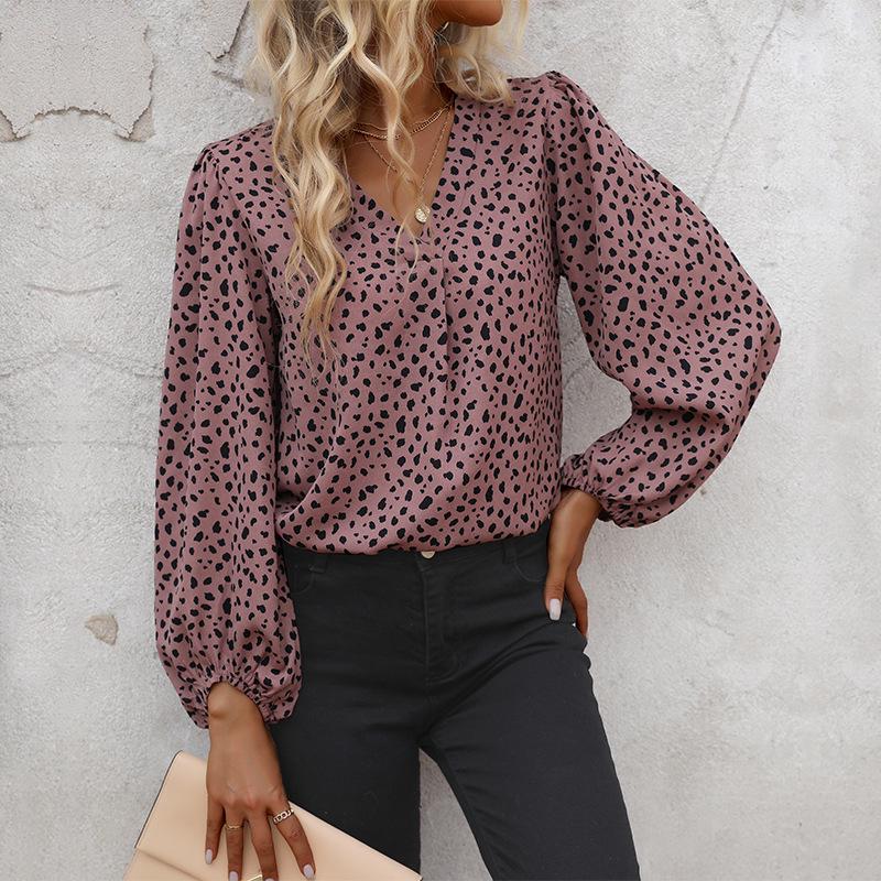 Women's 2024 Spring Leopard V-Neck Long Sleeve Commuting Top