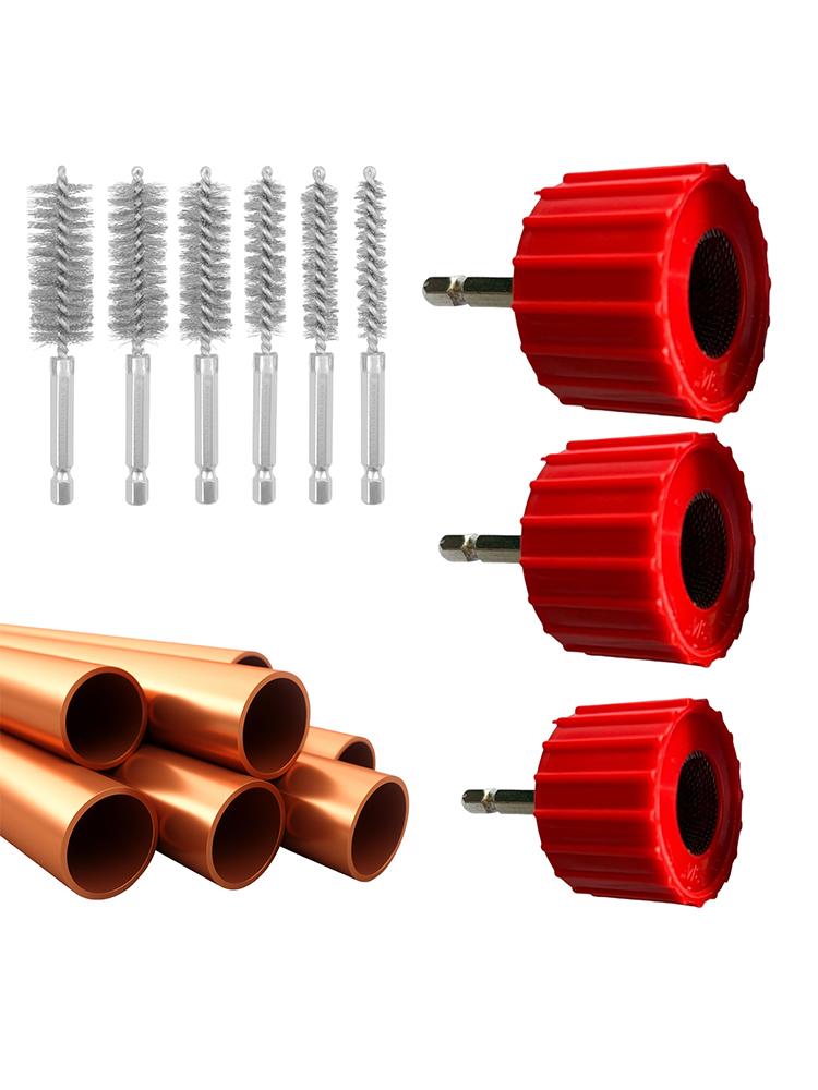 Copper Cleaning Brush 3X Portable Deburring Brush Pipe Cleaner Copper Pipe Tools Pipe Cleaning Tool with 6 Stainless-Steel Wire красный