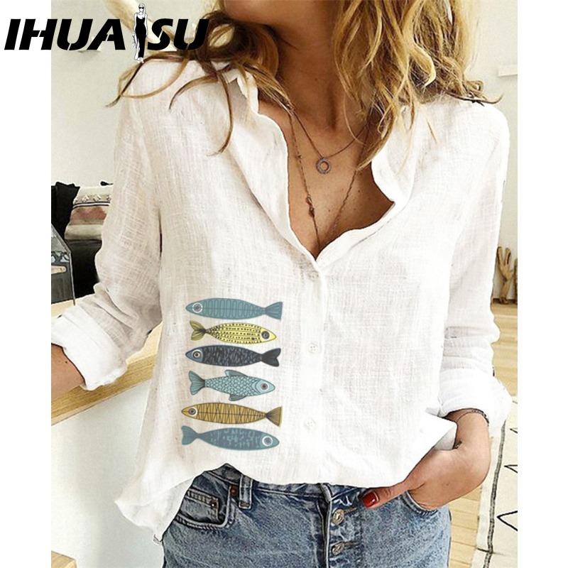 

IHUASU Women s Fashion Casual Small Fish Print Long Sleeve POLO Neck Blouses & Shirts S білий
