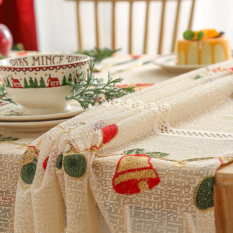 Beige Lace Tablecloth Christmas Bells Embroidered Table Cloths Square Xmas Table Covers For Kitchen Dining Room Home Decorations