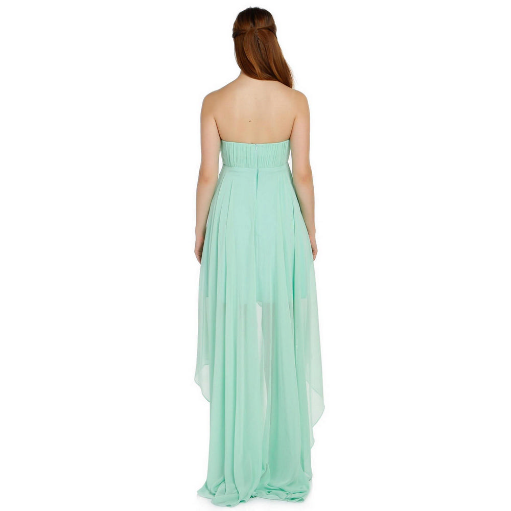Fierte Women's Evening Dress Azr4489 Strapless Stone Detail Chiffon Skirt Salmon Yellow Green Blue Red