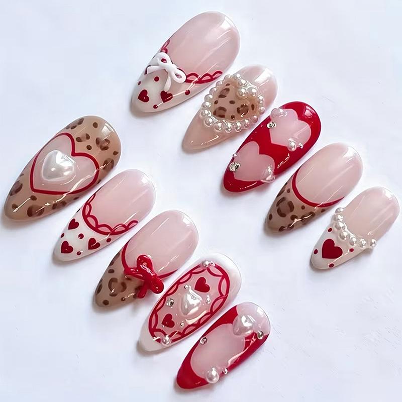 24Pcs Sweet Pink French Tip Polka Dot Nails With 3D White Bow Almond Shape False Nails Detachable Press On Nails For Women