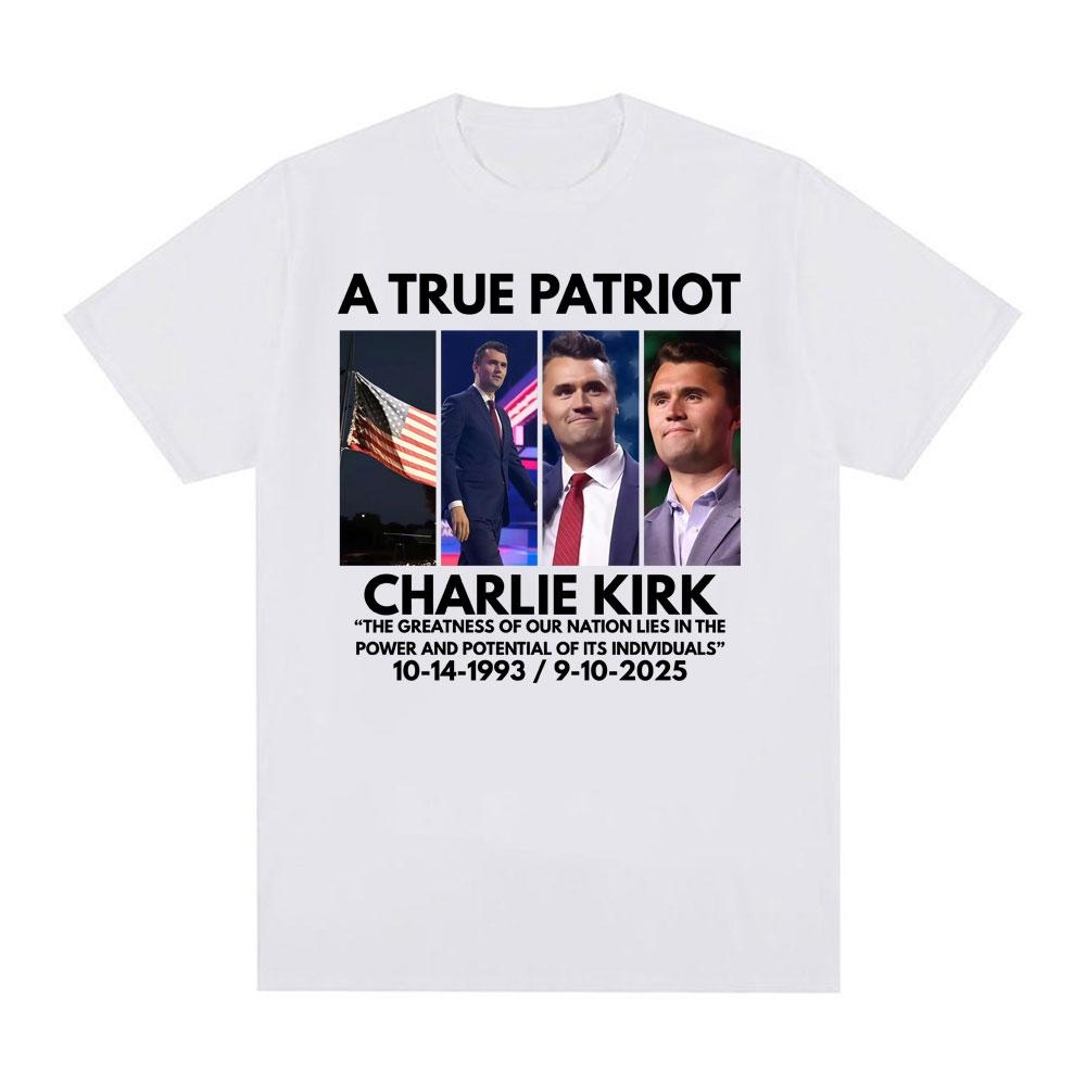 Discover The Patriotic Memorial of The American Flag True Patriot Charlie Kirk T-shirt 2025summer Printed Cotton T-shirt
