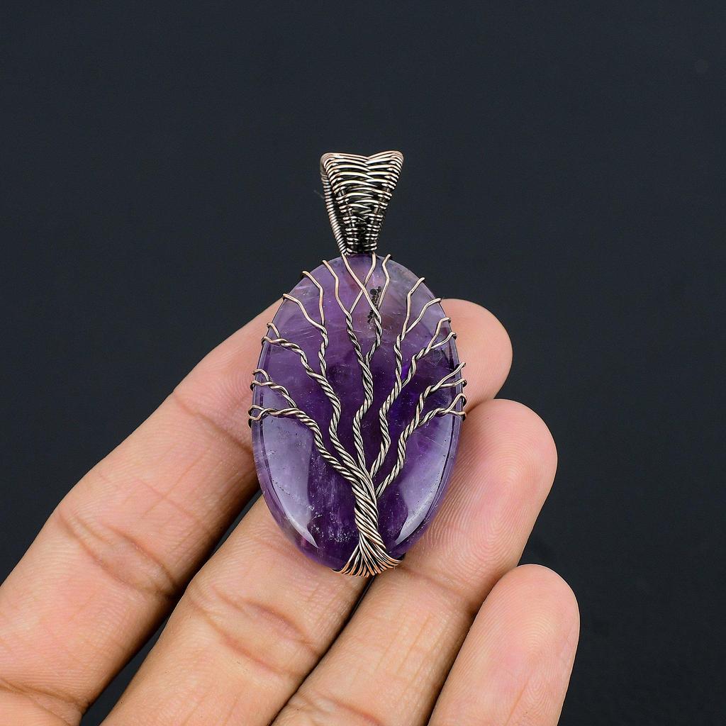 Amethyst Pendant, Handmade Gemstone 999 Copper Wire Wrapped Pendant Antique Jewelry, For Gift Silver Jewelry