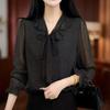 Women's Elegant V-neck Black Polka Dot Chiffon Lace-up Top