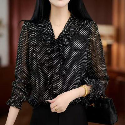 Women's Elegant V-neck Black Polka Dot Chiffon Lace-up Top