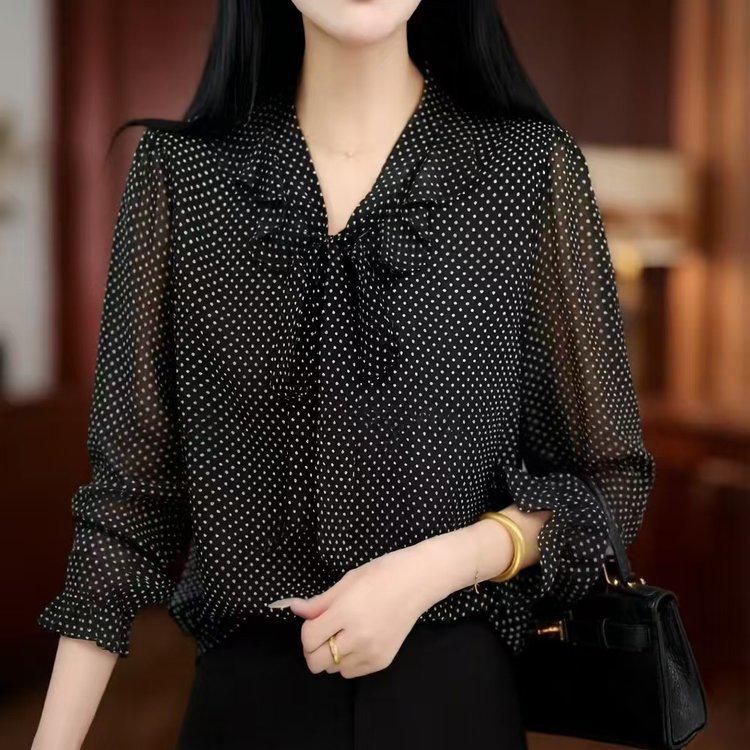 Women's Elegant V-neck Black Polka Dot Chiffon Lace-up Top