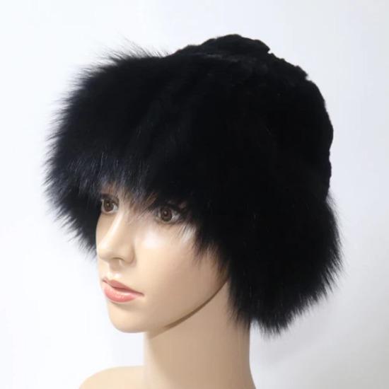 

Women Winter Hight Quality Hand Knitted Real Rex Rabbit Fur Hat Natural Soft Fox Fur Hats Warm Elasticity Thick Real Fur Caps Elasticity (52-60cm) чорний