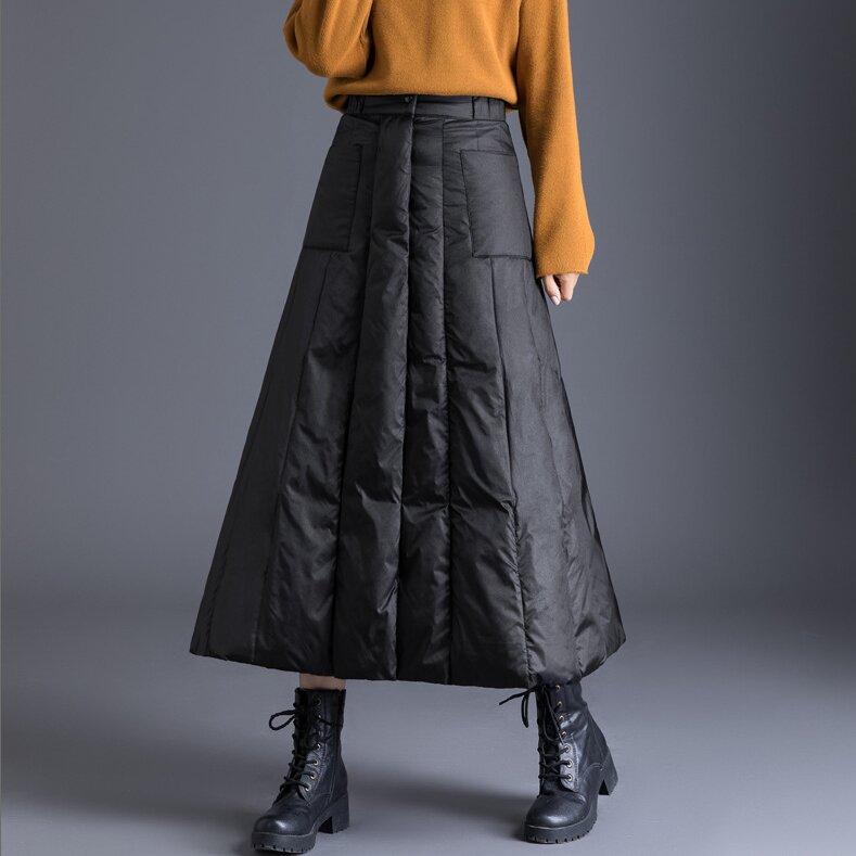

Черный Пуховый Хлопковый Утепленный Большого Размера С Завышенной Талией Винтажный Осенне-Зимний Повседневный Свободный Длинный для Женщин Юбки Женская Юбка M чёрный