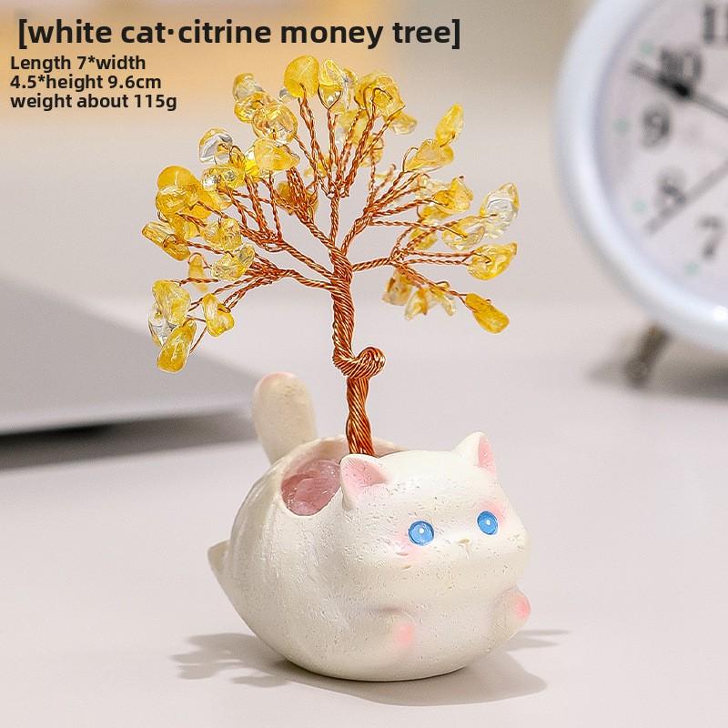 

Cartoon Animal Natural Yellow Crystal Money Tree Ornament Cute Cat Office Desk Decoration Gift White Cat [Yellow Crystal