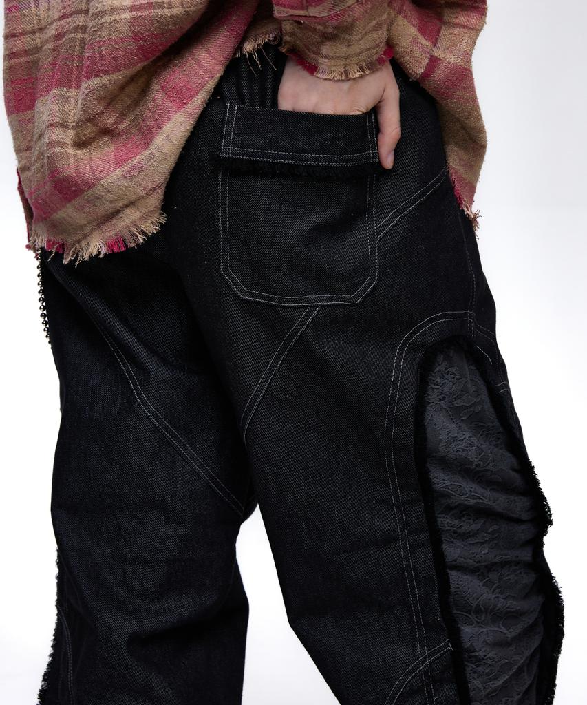 Aleseueseussi Incision Jacquard Mixed Pants - Black