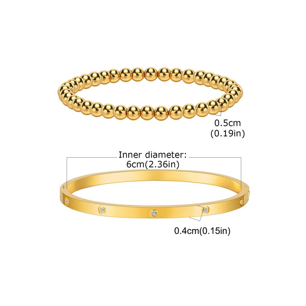 Fashion Stackable Stainless Steel Beads Bracelet for Women, Cubic Zircon Gold Plated Bangle, Waterproof Light Luxury Jewelry