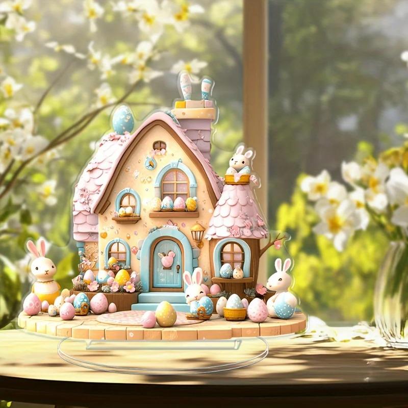 

2D Flat Easter Bunny and Bunny House Acrylic Desktop Decoration, Home Decor Plaque Hanging Wall Art Decorative Garden Decoration for Room Door Signs H 20*19CM