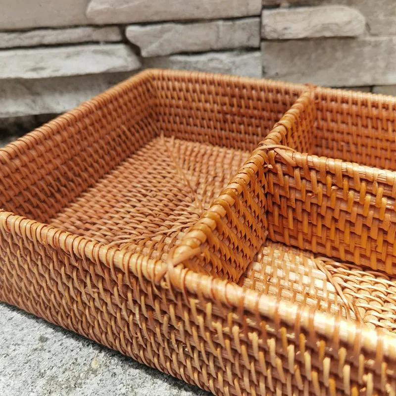 Autumn rattan woven dried fruit box candy box compartment organizer jewelry box rectangular creative living room storage basket
