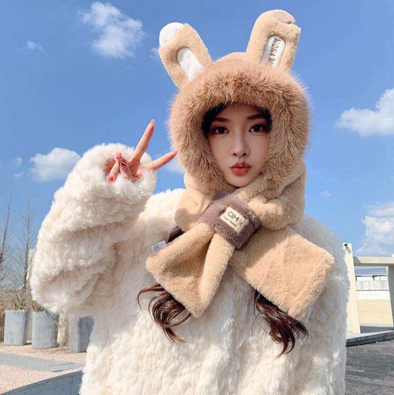 Winter Cute Hat Scarf Integrated Hat Women Thickened Hat Winter Cute Plush Furry Plus Scarf Two-piece Set Warm Windproof Hat