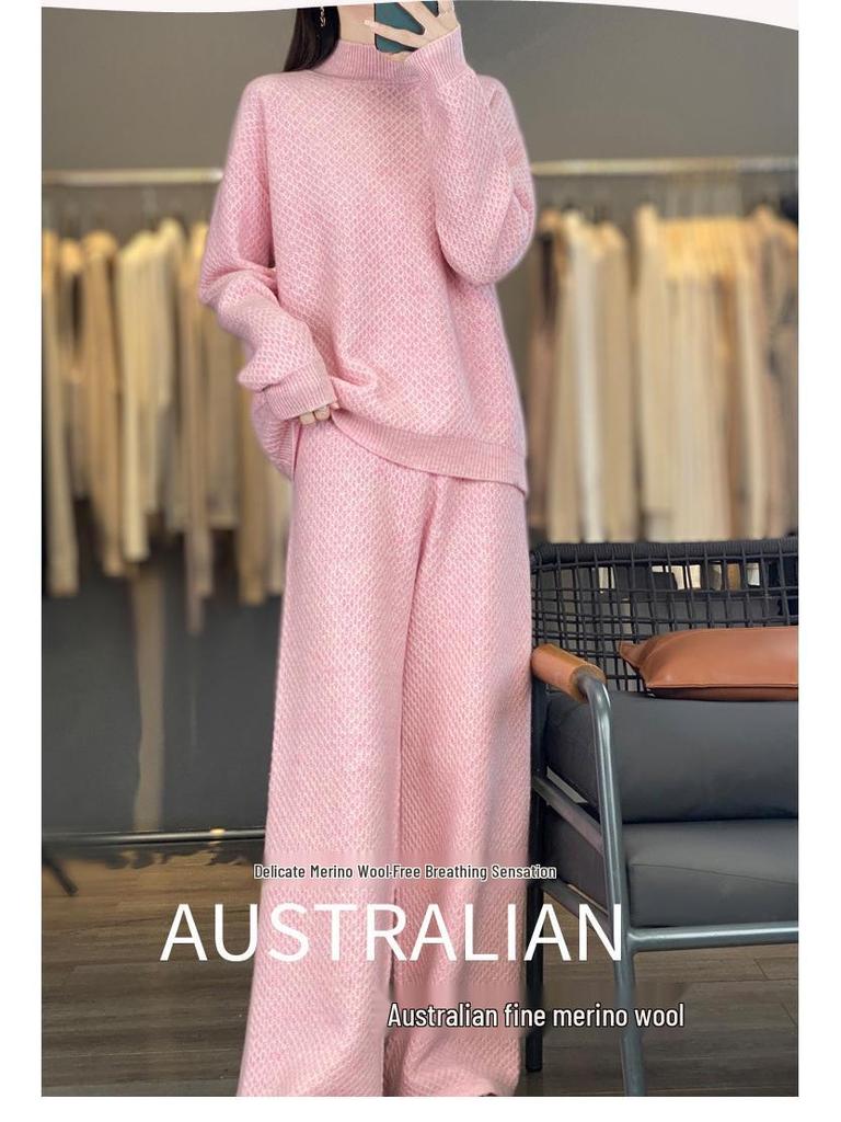 Women's Purple High Neck Wool Sweater & Wide-Leg Pants Set - Autumn/Winter Fashion