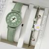 2PCs/Set Fashion Women's Watch Round Flower Dial Leather Strap Quartz Watch with Green Flower Bracelet