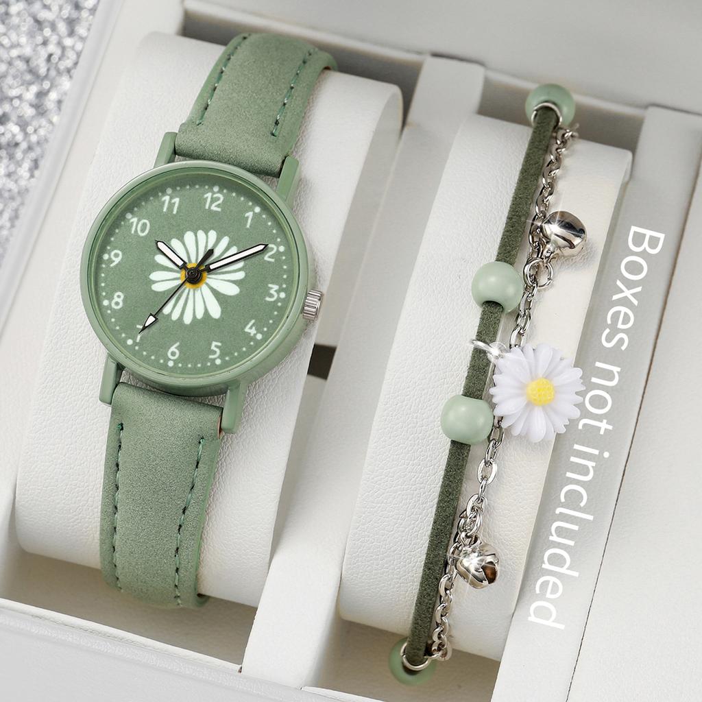 2PCs/Set Fashion Women's Watch Round Flower Dial Leather Strap Quartz Watch with Green Flower Bracelet