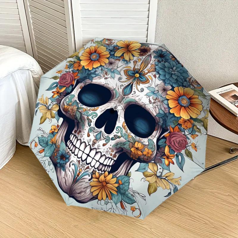 1pc Day of the Dead Floral Skull Umbrella with Plastic Handle,Suitable for All Seasons Home Travel Outdoor UmbrellaDD1574