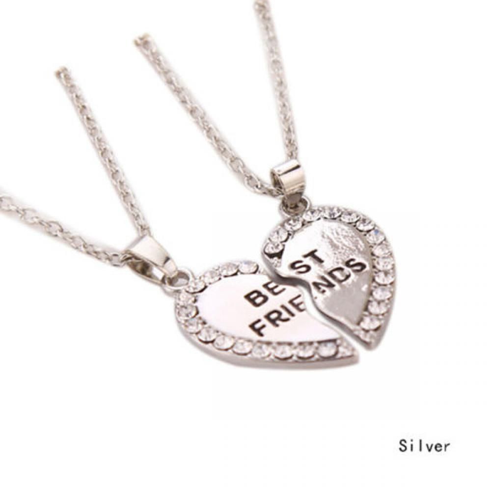 2PCS Fashion Rhinestone Jewelry Bff Necklace Friendship Heart Pendants Crytral
