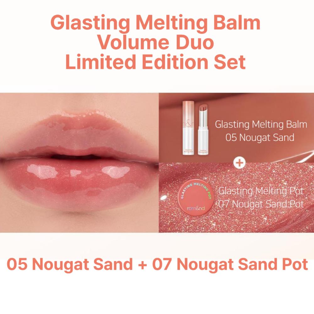 Rom&nd Glasting Melting Balm + Glasting Melting Pot – Volume Duo Limited Edition Set, Koreanischer feuchtigkeitsspendender Lippenbalsam mit glänzendem Finish