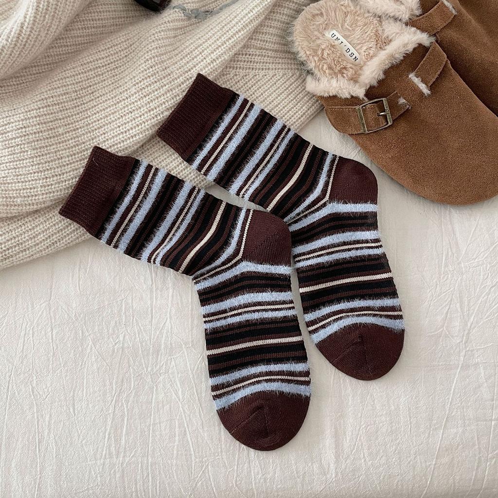 Thick Line Striped Color Blocking Contrast Imitation Mink Furry Socks Sweet Season Warm Socks