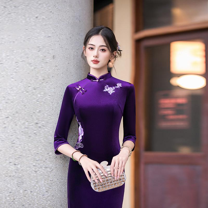 Purple National Style New Chinese Suzhou Autumn Long-sleeved Improved Cheongsam 1011 New Women's High-end Spring and Autumn Mother Outfit