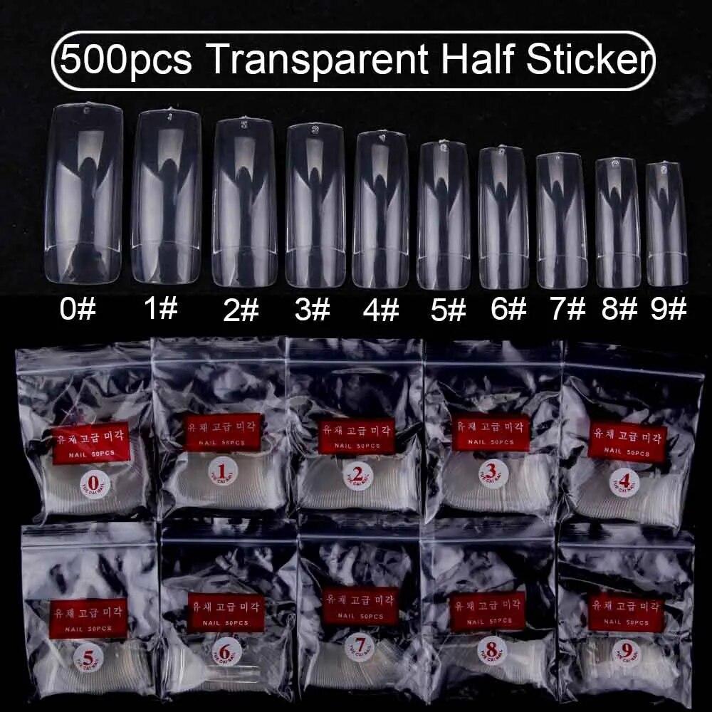 

500 шт./пакет, накладные ногти, акриловые тренировочные капсулы для ногтей, искусственные ногти, мягкий гель, полное покрытие, накладные ногти в форме гроба, маникюрные инструменты Half Sticker прозрачный