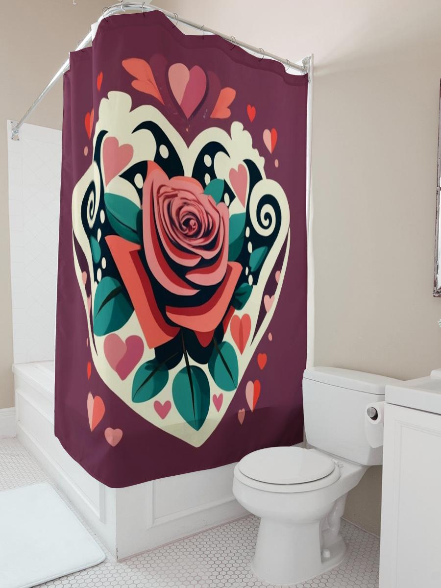 

Romantic Rose And Heart Print Shower Curtain For Bathroom Decoration W60H190(CM)-1 Pcs