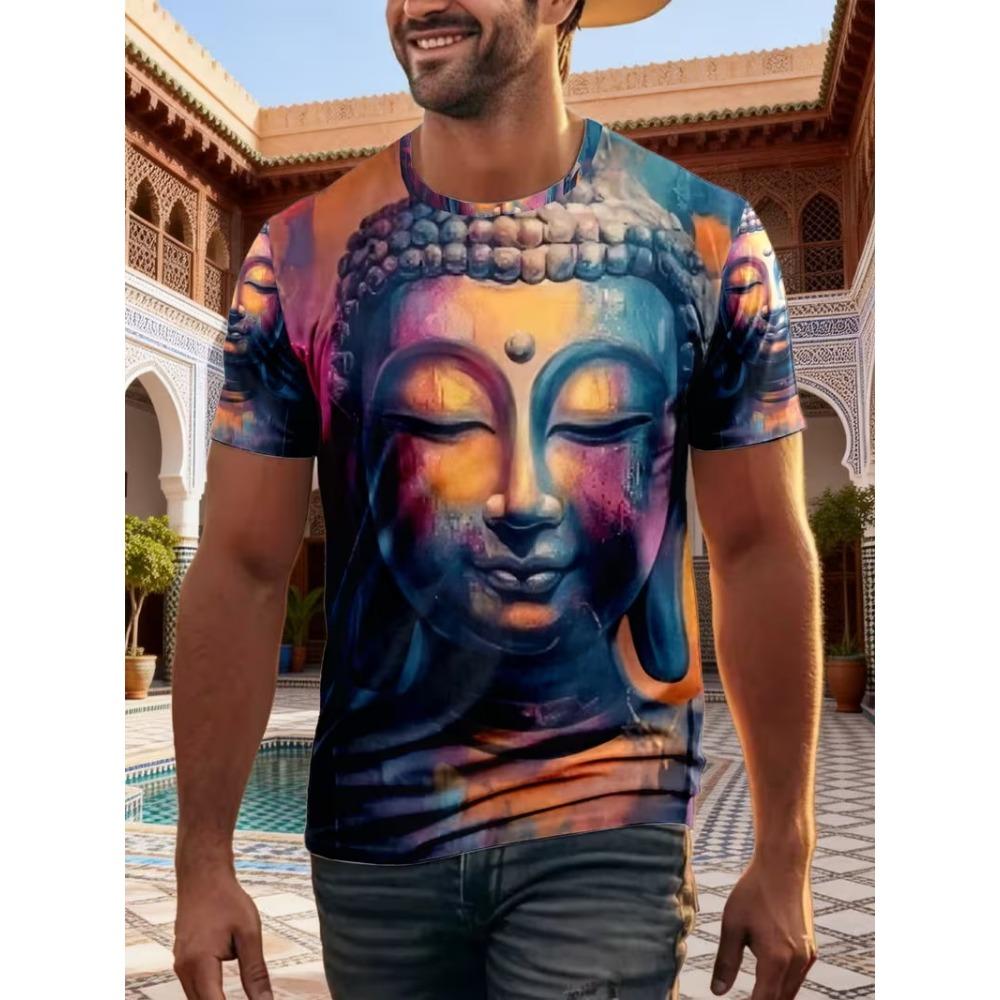 T-shirt da uomo con grafica Testa di Buddha Fiore Rosso Manica Corta Estiva Girocollo Religiosa Spirituale Casual Streetwear Tee Top