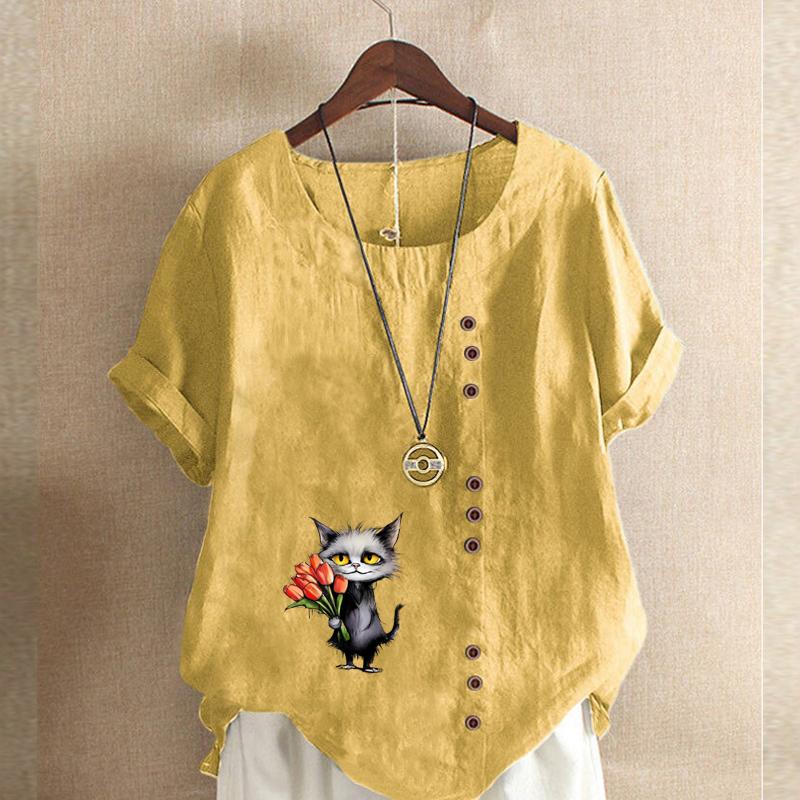Damenmode Schwarze Katze mit Blumen bedrucktes Kurzarm-T-Shirt Lockeres Baumwollhemd Lässige lockere Sommerbluse Tops Übergröße