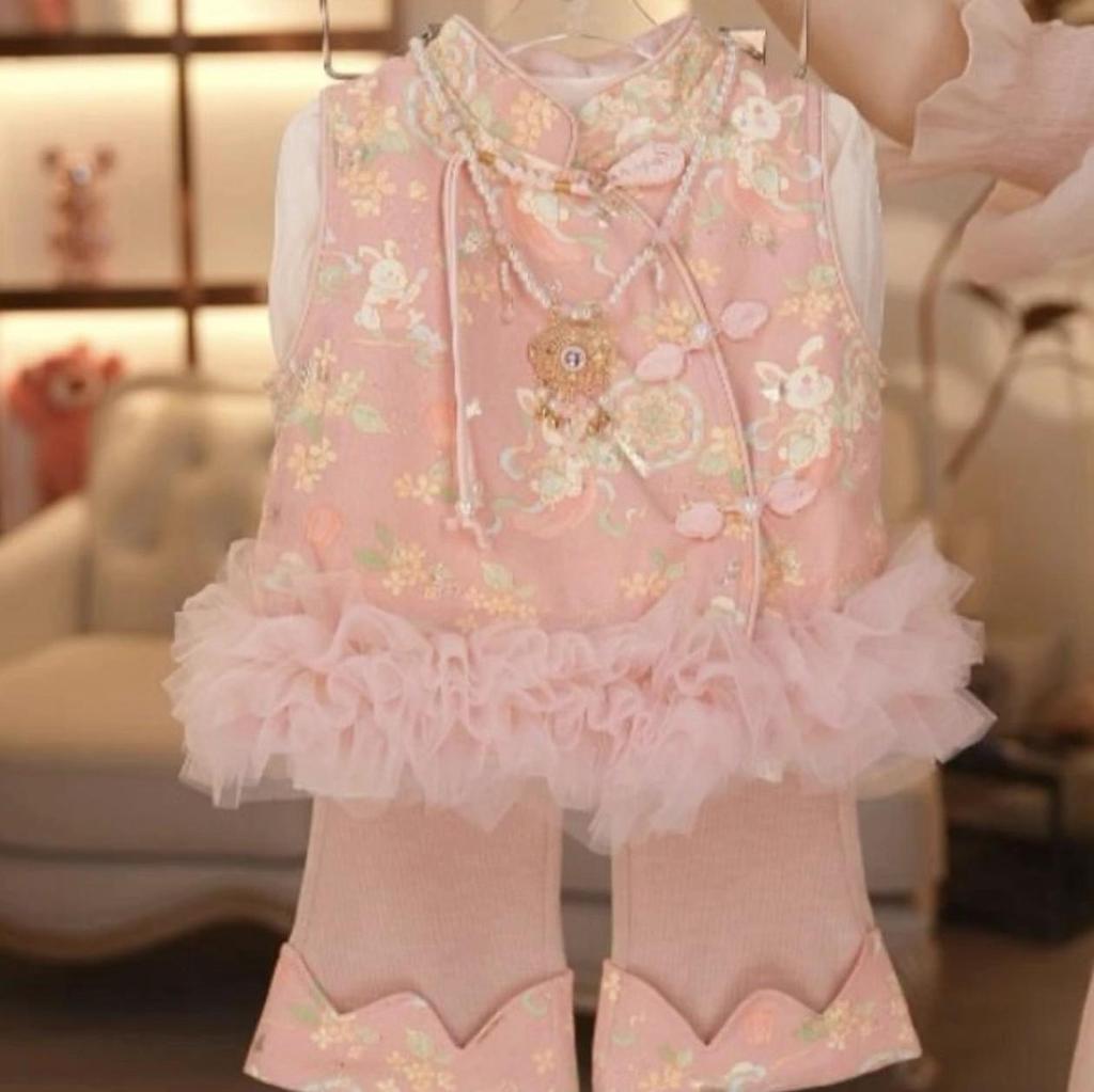 Autumn Three-Piece Chinese-Style Outfit for Baby Girls - Long Sleeve New Year Performance Set