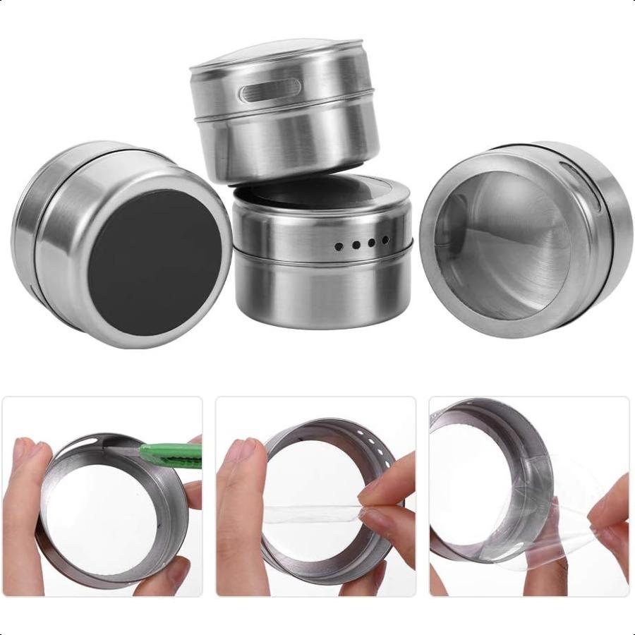 12 Magnetic Spice Jar Containers Spice Tins Wall Mounted Stainless Steel Base Easy to Install