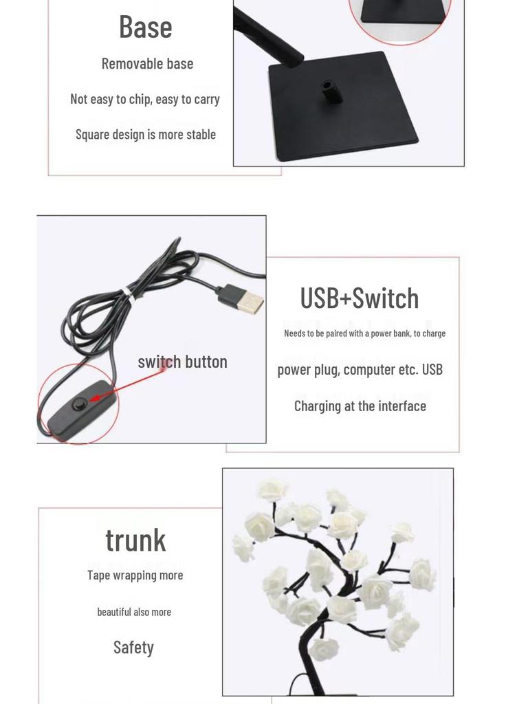 USB Dual Switch LED Rose Flower Tree Light - Table Decoration Night Light