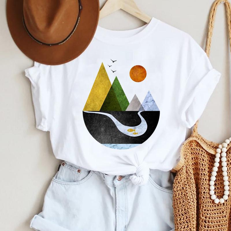 Fashion Casual Landscape Mountain Graphics Womens T-Shirt 90S Summer Blouse Loose White Short Sleeve O-Neck Female Tops Clothing