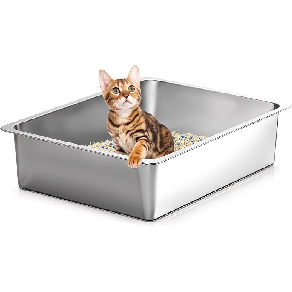 Kirecoo Stainless Steel Cat Litter Box - Metal High Sided Cat Pan, Large Stainless Steel Box, Indoor Litter Tray, Non Stick, No Smell, Easy to Clean, 15.6” L x 11.6” W x 3