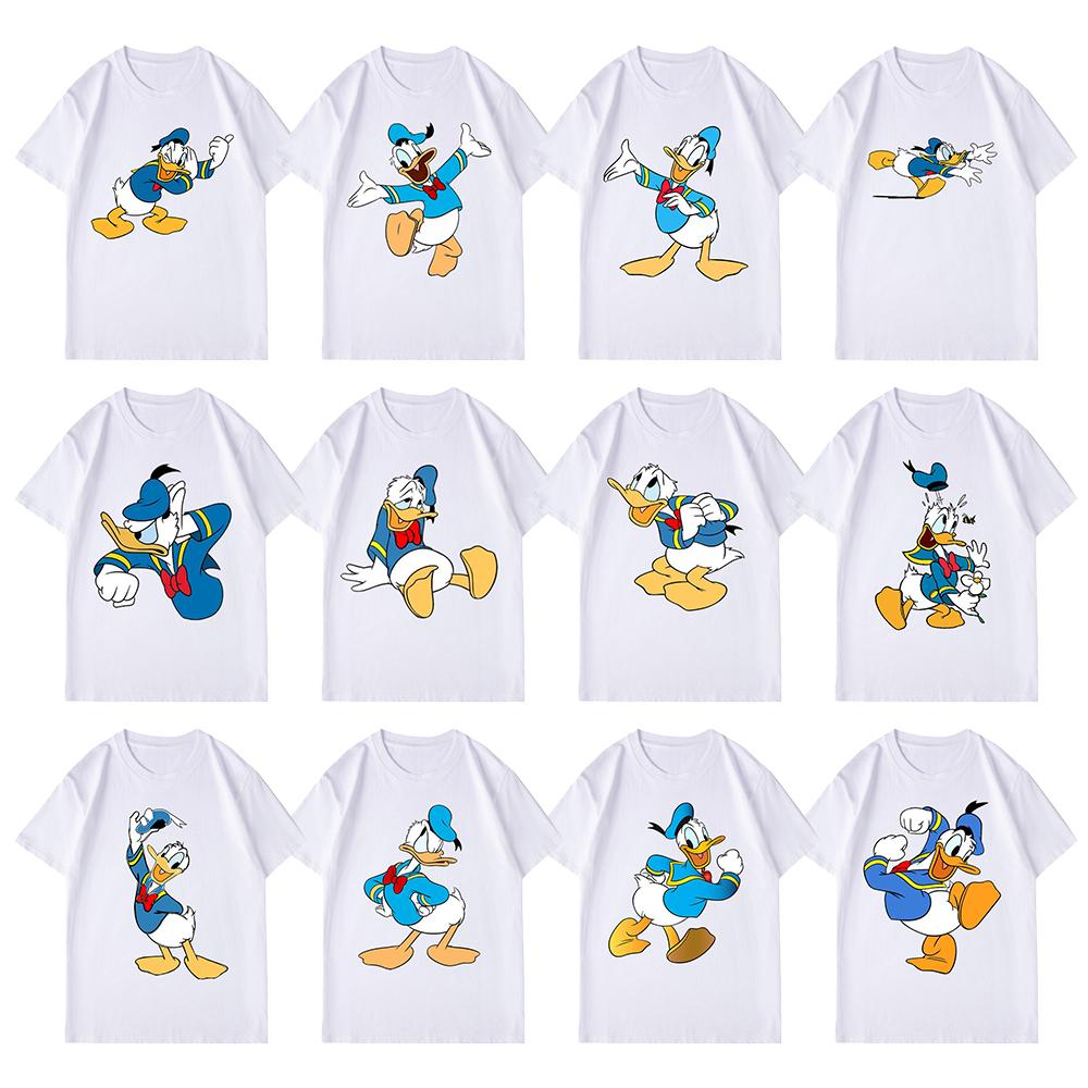 Disney Donald Duck Cartoon Printed Short Sleeve T-Shirt Summer Casual Cotton White  Couple Outfit Men Clothing Tracksuit Tee Top