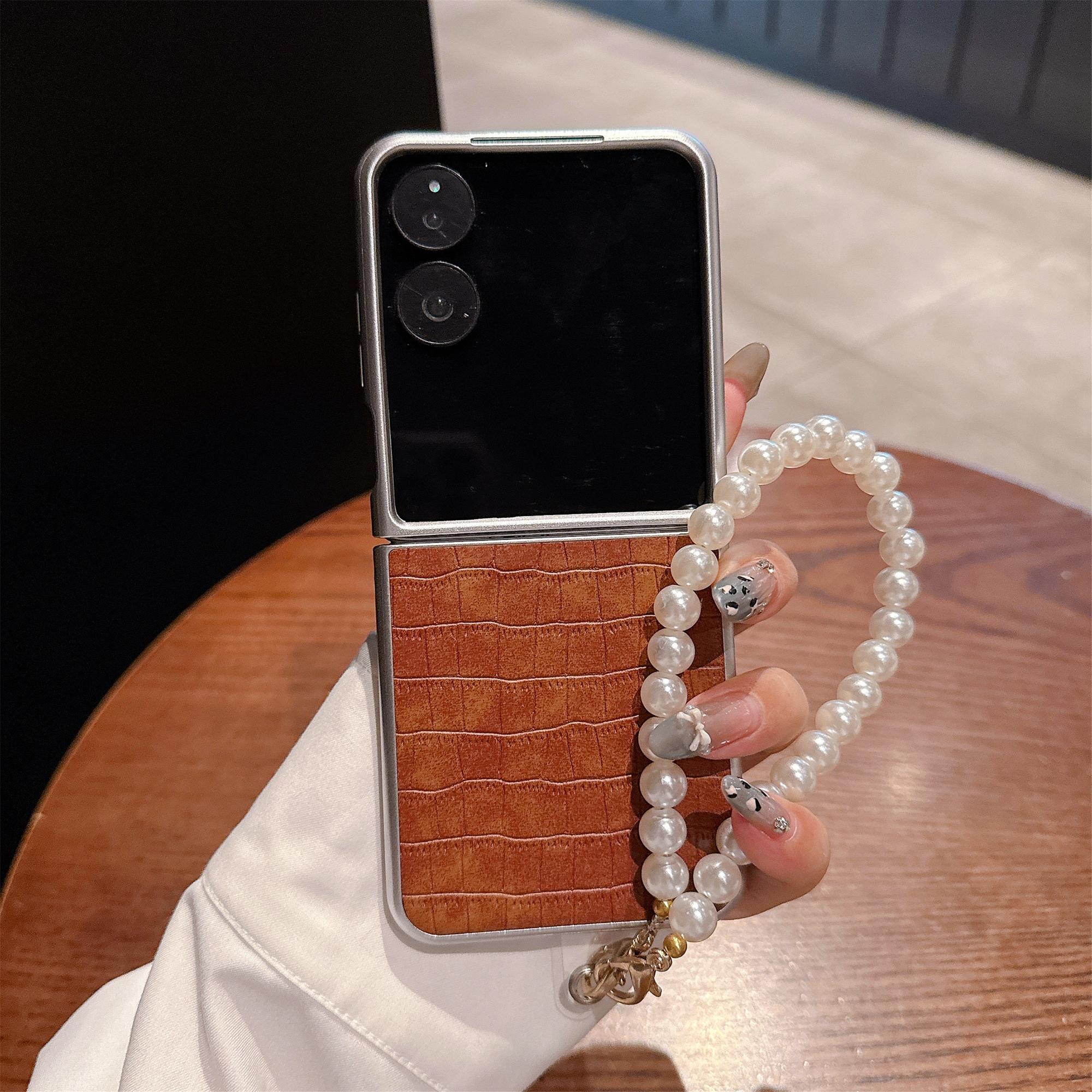 

For Xiaomi Mix Flip 2 Case Crocodile Texture PU Leather + PC Phone Cover Pearl Wrist Strap