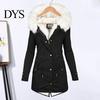 Long Down Jacket Women Winter Cotton Coat Plus Size Faux Fur Hood Fleece-lined Zip-up Temperature Locking Press Button Closure Windproof Mid