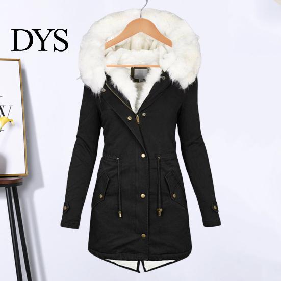 Long Down Jacket Women Winter Cotton Coat Plus Size Faux Fur Hood Fleece-lined Zip-up Temperature Locking Press Button Closure Windproof Mid
