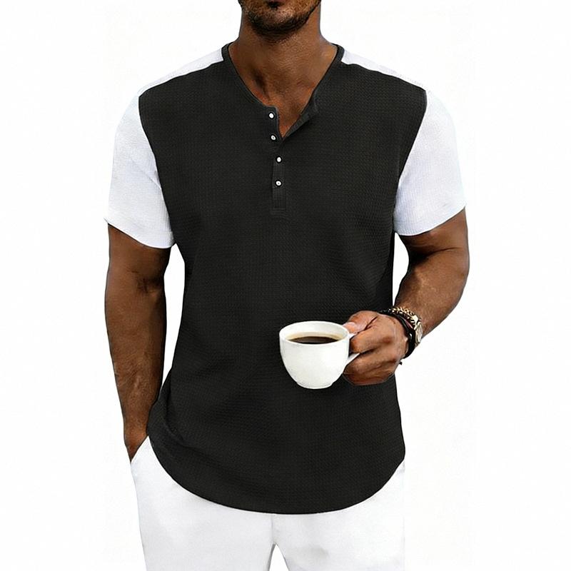 Mens Loose Short Sleeve Waffle Henley T Shirt Summer Casual Top