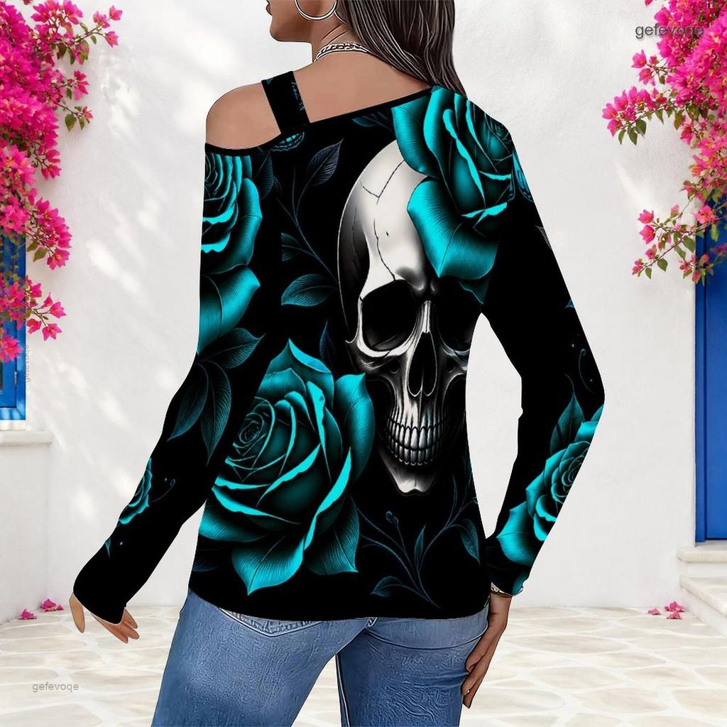 Women Plus Size Asymmetric Cutout Neck Cold Shoulder Fitted Long Sleeve Top Fire Motorcycle Printed Orange Black