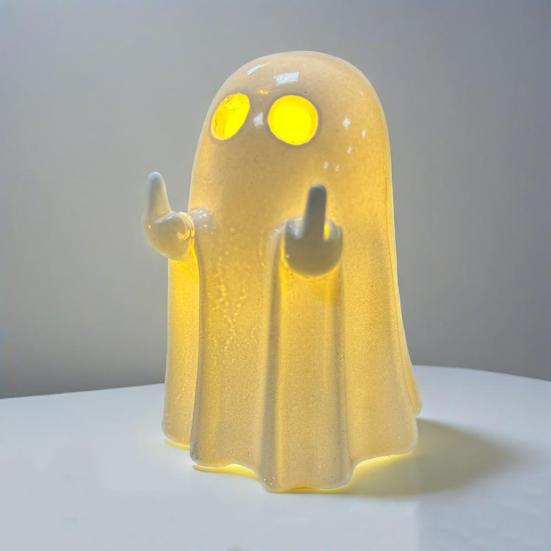 Pryskyřičná svítící dekorace duch pro Halloween Malá bílá figurka ducha Roztomilá svítící soška ducha pro domácí stolní patrovou podnosovou dekoraci