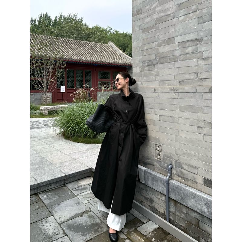 Kumikumi Fancy Beige Apricot Single-Breasted Strap Trench Coat Outwear Women's Autumn Loose Casual Pants Two-piece Set