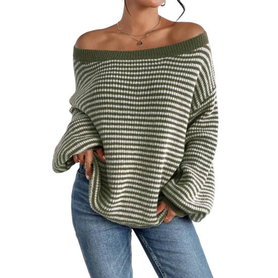Women Sweater Off Shoulder Oversized Long Sleeve Knit Pullover Top Loose Fit Striped Print Soft Stretchy Knitting Tops